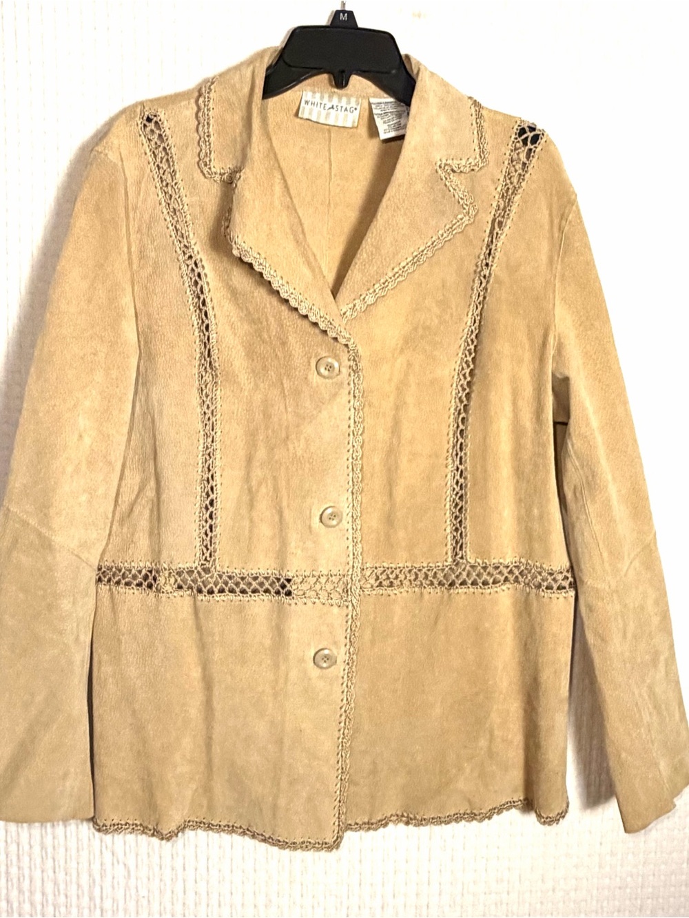 White Stag Womens XL Boho Tan Suede Leather Button Up Jacket Crochet Detail